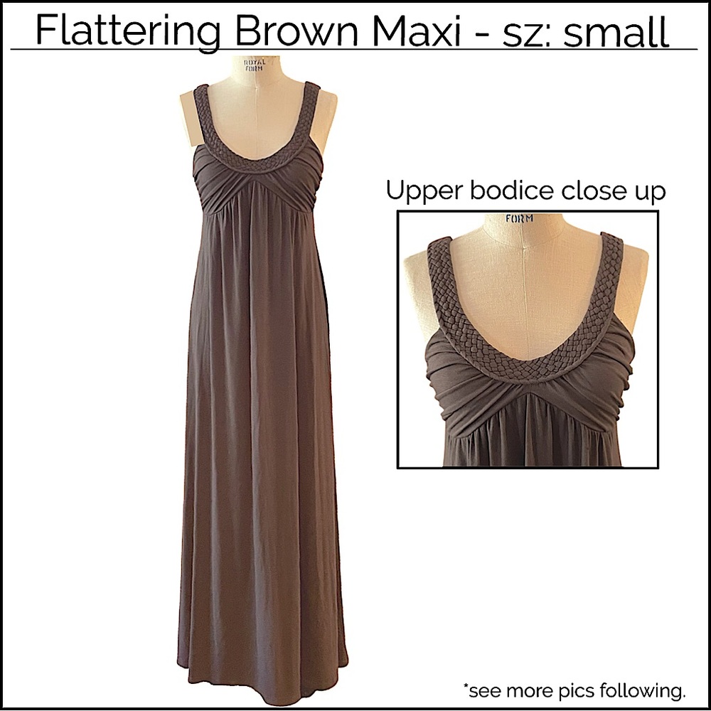 Maxi Dress w/ Weaved Straps, Shaped Empire, Shirring, FLATTERING, Sz: S, Brown.